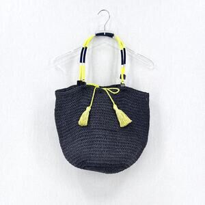 J CREW Large Straw Tote Womens Navy Blue Double handle Shoulder Bag NEW